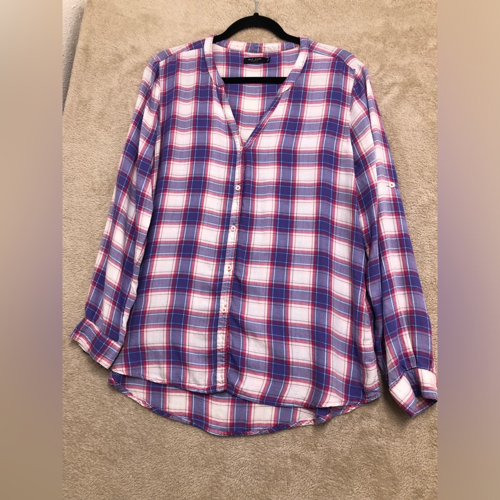 Max jeans women’s long, sleeved, hot pink plaid shirt